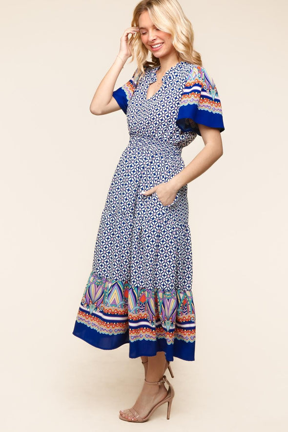 Navy and Blue Smocked Waist Midi Dress w/ Pockets