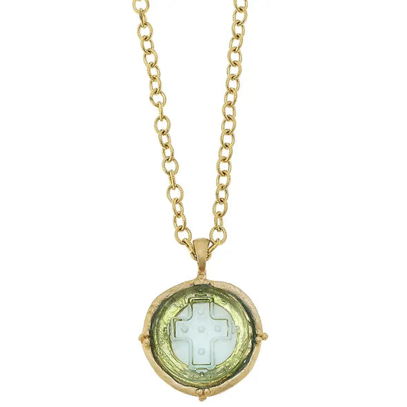 Clear Venetian Glass Cross Intaglio On 30" Gold Chain Necklace