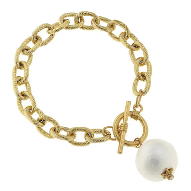 Gold and White Cotton Pearl Toggle Bracelet