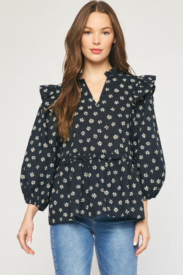 Floral Black Ruffle Shoulder Top