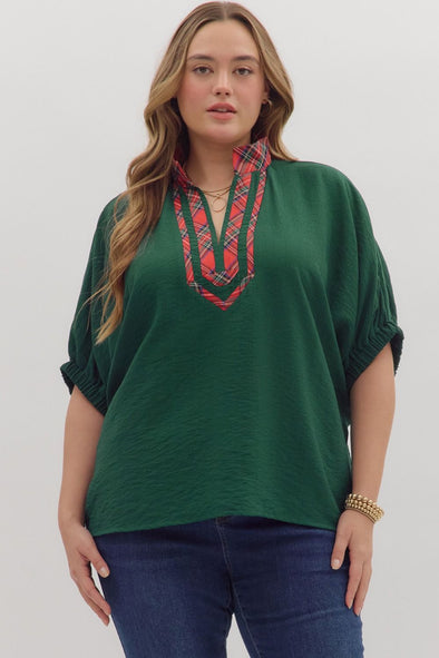 Green Dolman Top w/ Tartan Plaid Trim