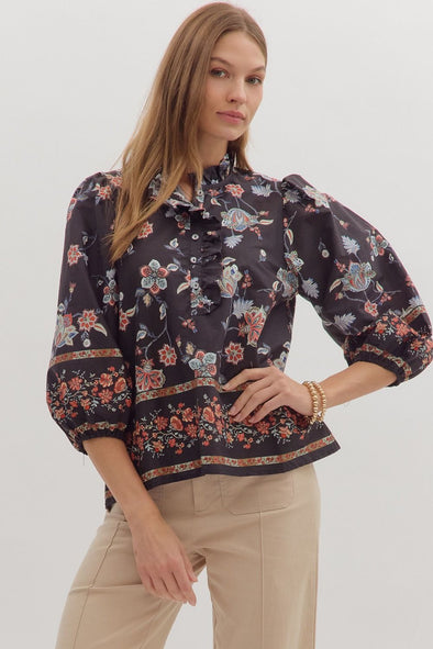 Black Floral Printed Split Neck Top