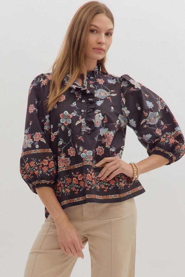 Black Floral Printed Split Neck Top