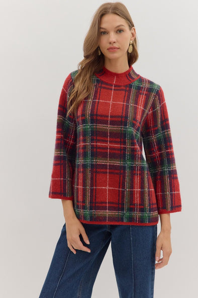 Red Tartan Plaid Mock Neck Sweater
