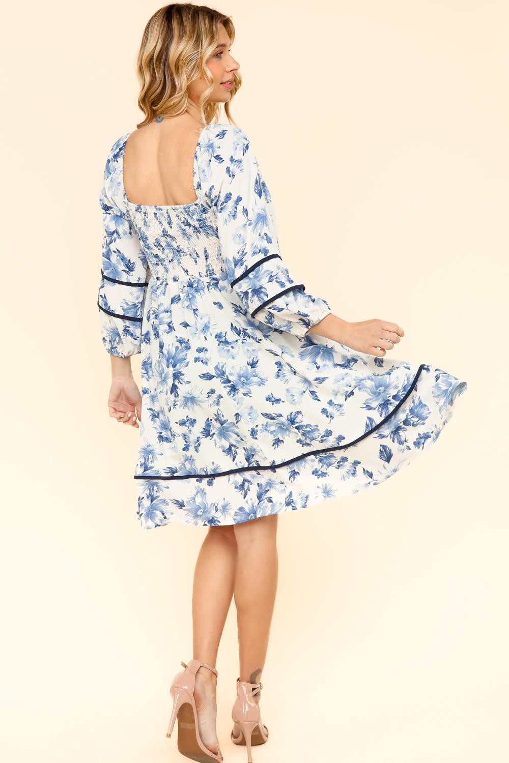 blue and white knee length dress Dress elegant White and Blue floral printed knee length lace up A-line Blue / M
