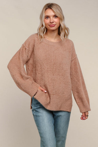 Taupe Fuzzy Soft Oversized Sweater W/ Side Slit