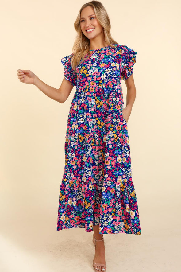 Navy Floral Tiered Midi Dress