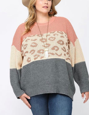 (PLUS) Leopard Color Block Sweater