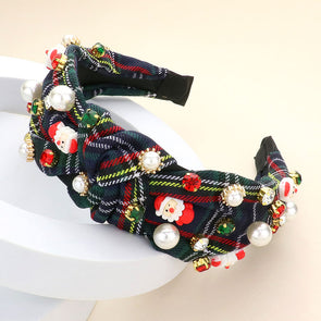 Christmas Santa Claus Pearl Stone Embellished Knot Navy Plaid Headband