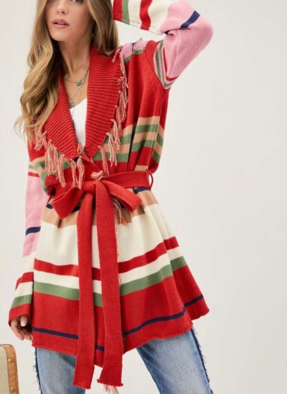 Striped Fringe Tie Waist Cardigan