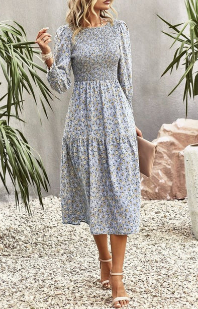 Grey Ditzy Floral Smocked Midi Dress - Grey Ditzy Floral Smocked Midi Dress -