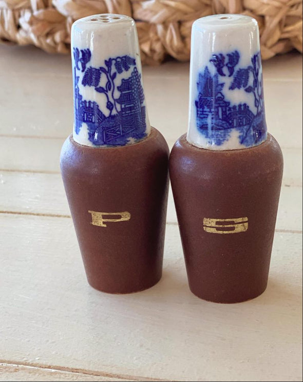 Blue Willow Wooden Salt and Pepper Shakers