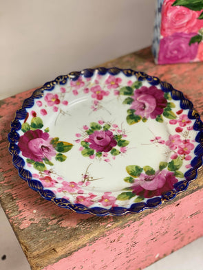 Flow Blue and Floral Scalloped Plate