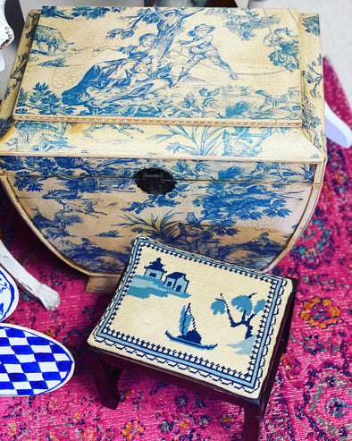 Embroidered Blue Chinoiserie Antique Stool