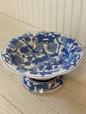 Blue and White Grape Pattern Pedestal Bowl