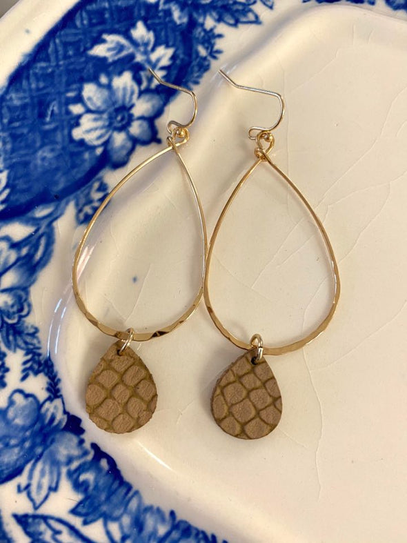 Teardrop Earrings with Taupe Leather