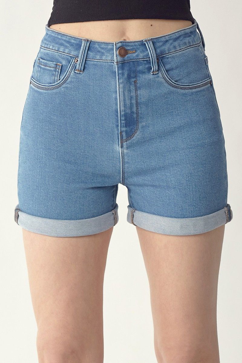 risen high rise distressed shorts in medium wash