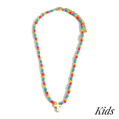 Kids Dainty Rainbow Beaded Cross Necklace