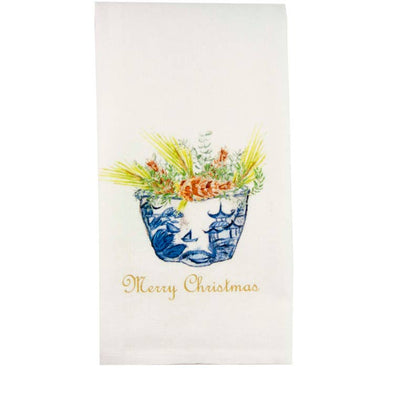 Blue-White Bowl with Christmas Greens Dishtowel