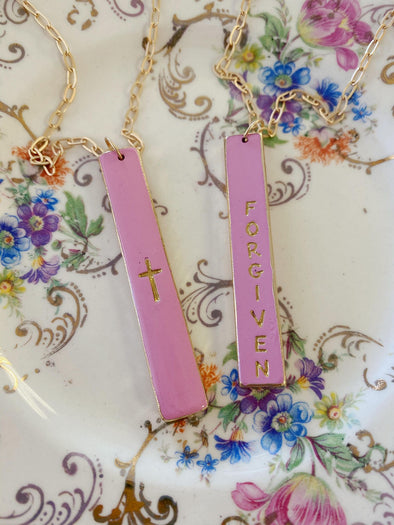 Light Pink Enamel Forgiven/Cross Double Sided Necklace