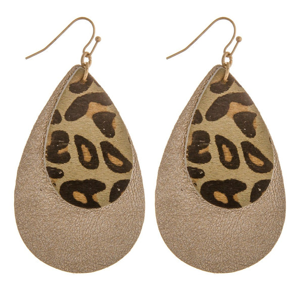 Faux fur leopard print metallic teardrop earrings