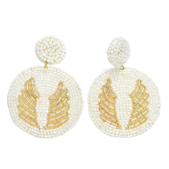 Seed Beaded Circular Felt Statement Earrings Featuring Angel Wing's Design Detail