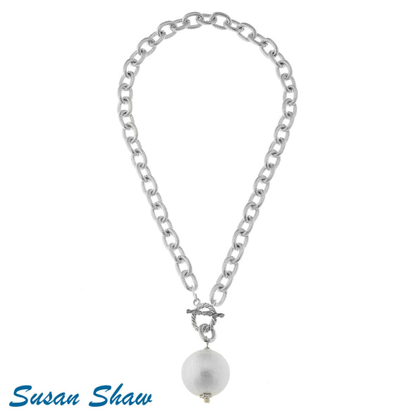 Cotton Pearl on Silver Chain Necklace with front toggle