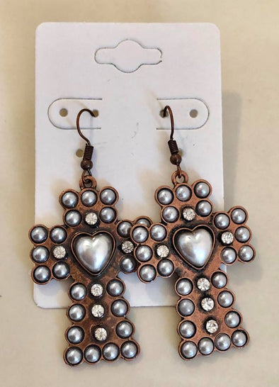 Copper Pearl Cross Earrings