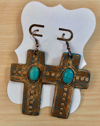 Leather Stone Cross Earrings