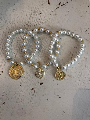 Pearl Religious Medallion Bracelet