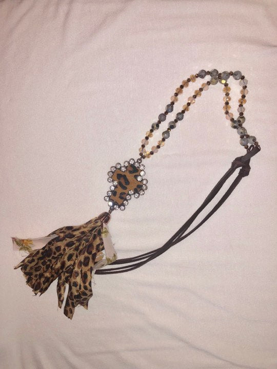 Leather Strap Leopard Cross Necklace