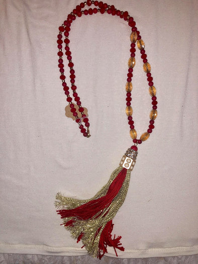 Red Beaded Gold Tassel Necklace