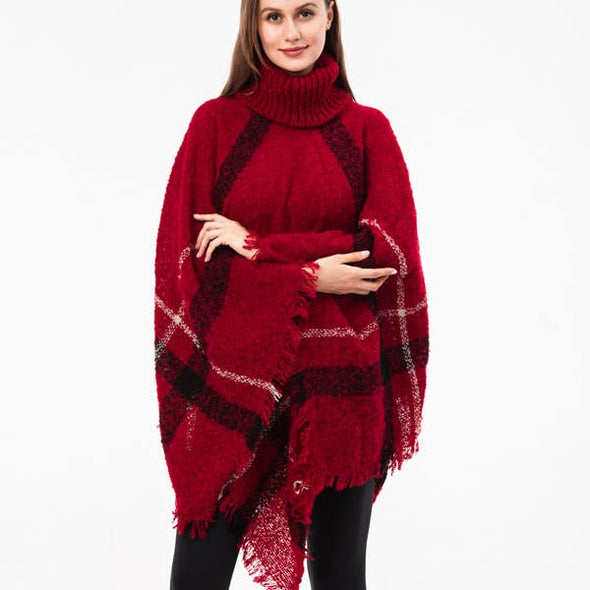 Red Turtleneck Pullover Poncho