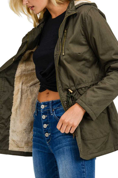 Hooded Utility Jacket with Faux Fur Lining