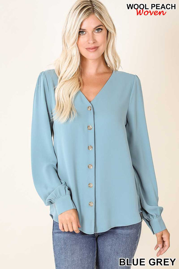 Woven Puff Sleeve Vneck Button Down Shirt (3 Spring Color Options)