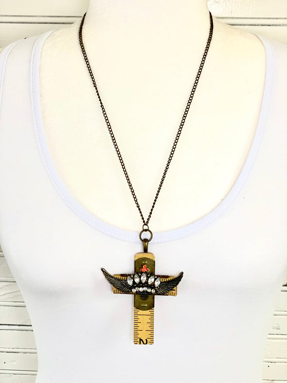 Angel Wing Ruler Cross Necklace