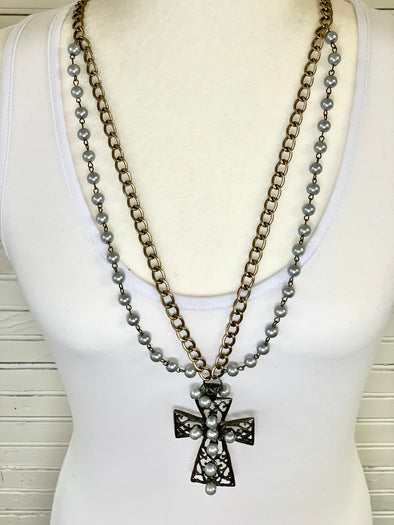 Grey Bead Cross Necklace