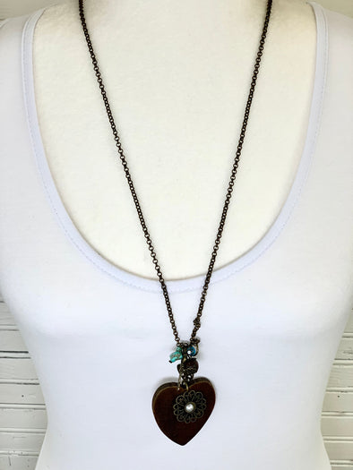 Wooden Heart With Turquoise Necklace