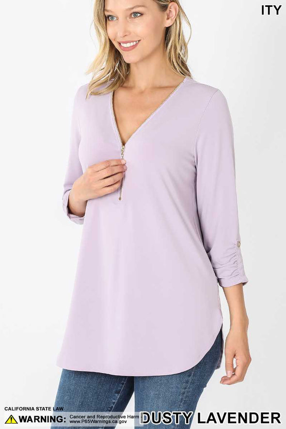 Front Zip Up 3/4 Sleeve Top Dusty Lavender