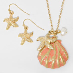 Starfish & Shell Pendant Necklace w/ Earrings