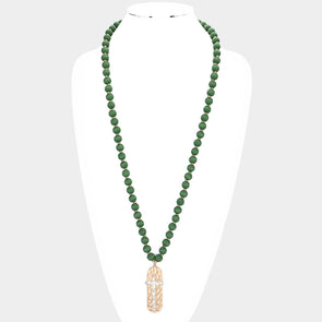 Cross Pendant Green Bead Long Necklace
