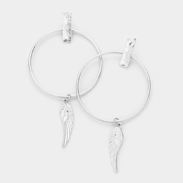 Open Metal Circle Angel Wing Dangle Earrings