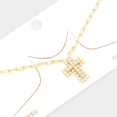 Pearl/CZ Stone Cross Pendant Necklace