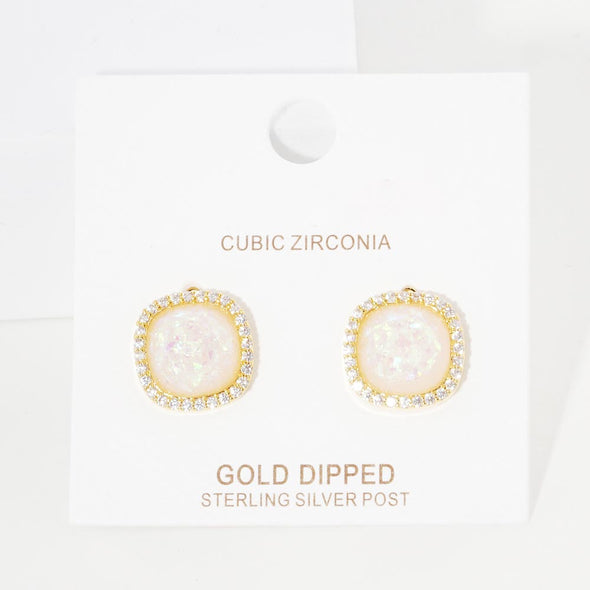Gold Dipped CZ Trimmed Glittered Square Stud Earrings