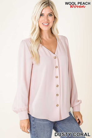 Woven Puff Sleeve Vneck Button Down Shirt (3 Spring Color Options)