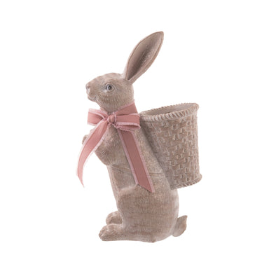 Resin 15 in. Brown Easter Bunny with Basket Planter Statuette