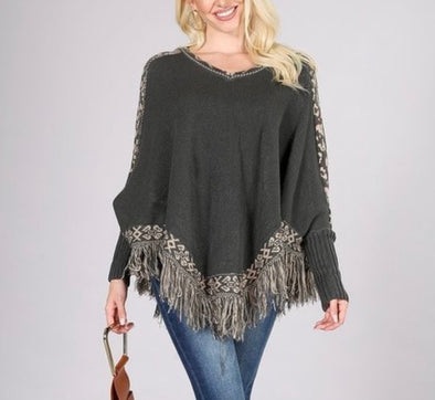 Taupe/Charcoal Fringe Poncho Sweater