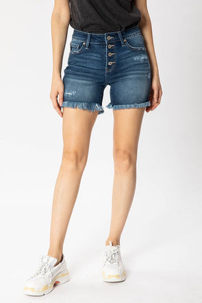 Dark Wash Mid Rise 5 Button Up Shorts