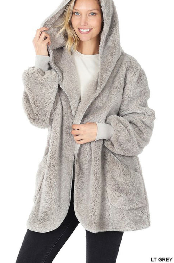 Grey Faux Fur Jacket With Pockets and Hood (New Color)
