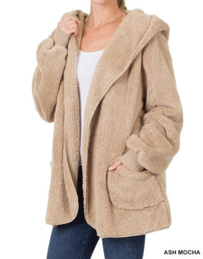 Faux Fur Jacket With Pockets and Hood